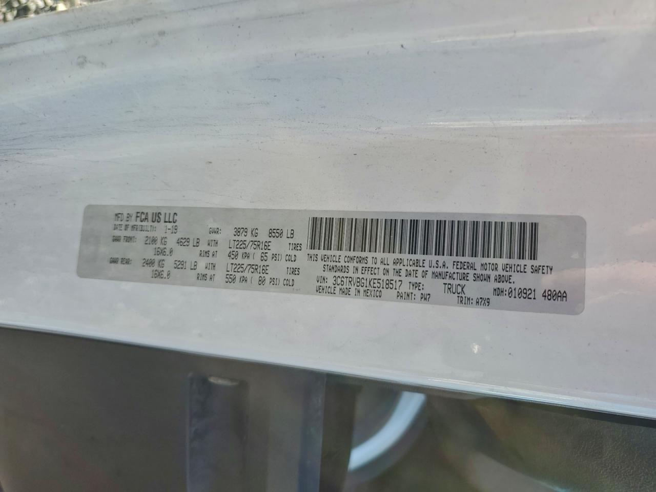 2019 Ram Promaster 1500 Utility / Service Van VIN: 3C6TRVBG1KE518517 Lot: 93734345