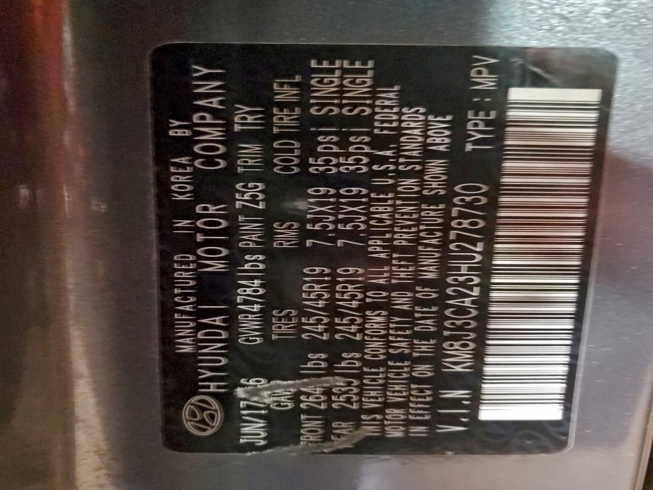 2017 Hyundai Tucson Limited VIN: KM8J3CA23HU278730 Lot: 94092765