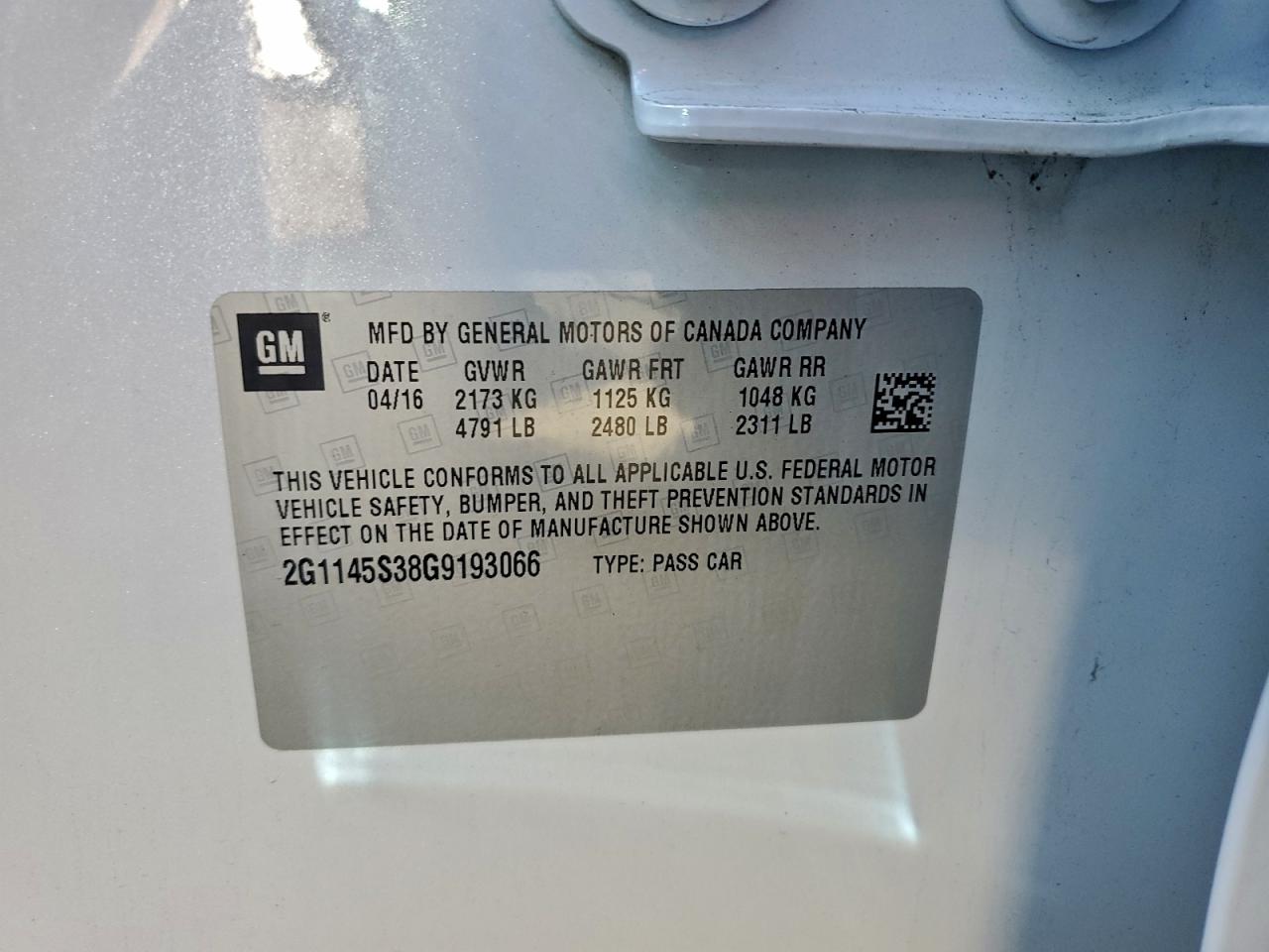 2016 Chevrolet Impala Ltz VIN: 2G1145S38G9193066 Lot: 94596505