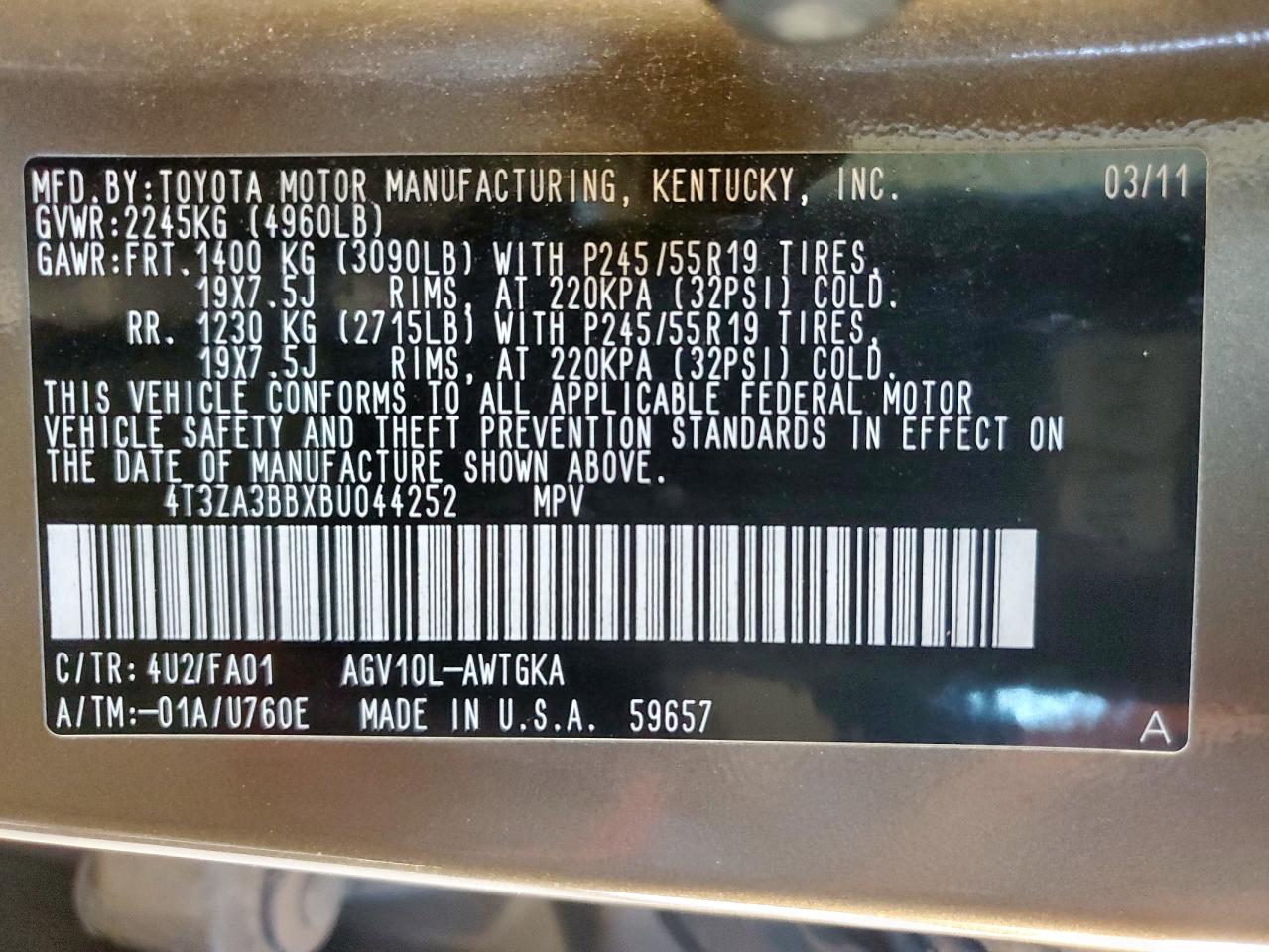 2011 Toyota Venza VIN: 4T3ZA3BBXBU044252 Lot: 91787085