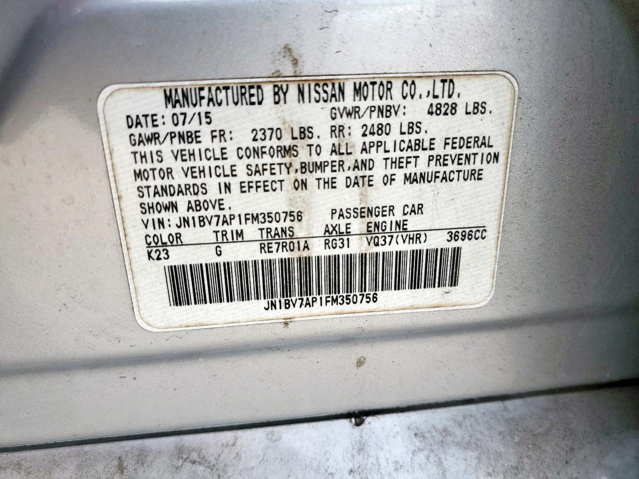 2015 Infiniti Q50 Base VIN: JN1BV7AP1FM350756 Lot: 91572565