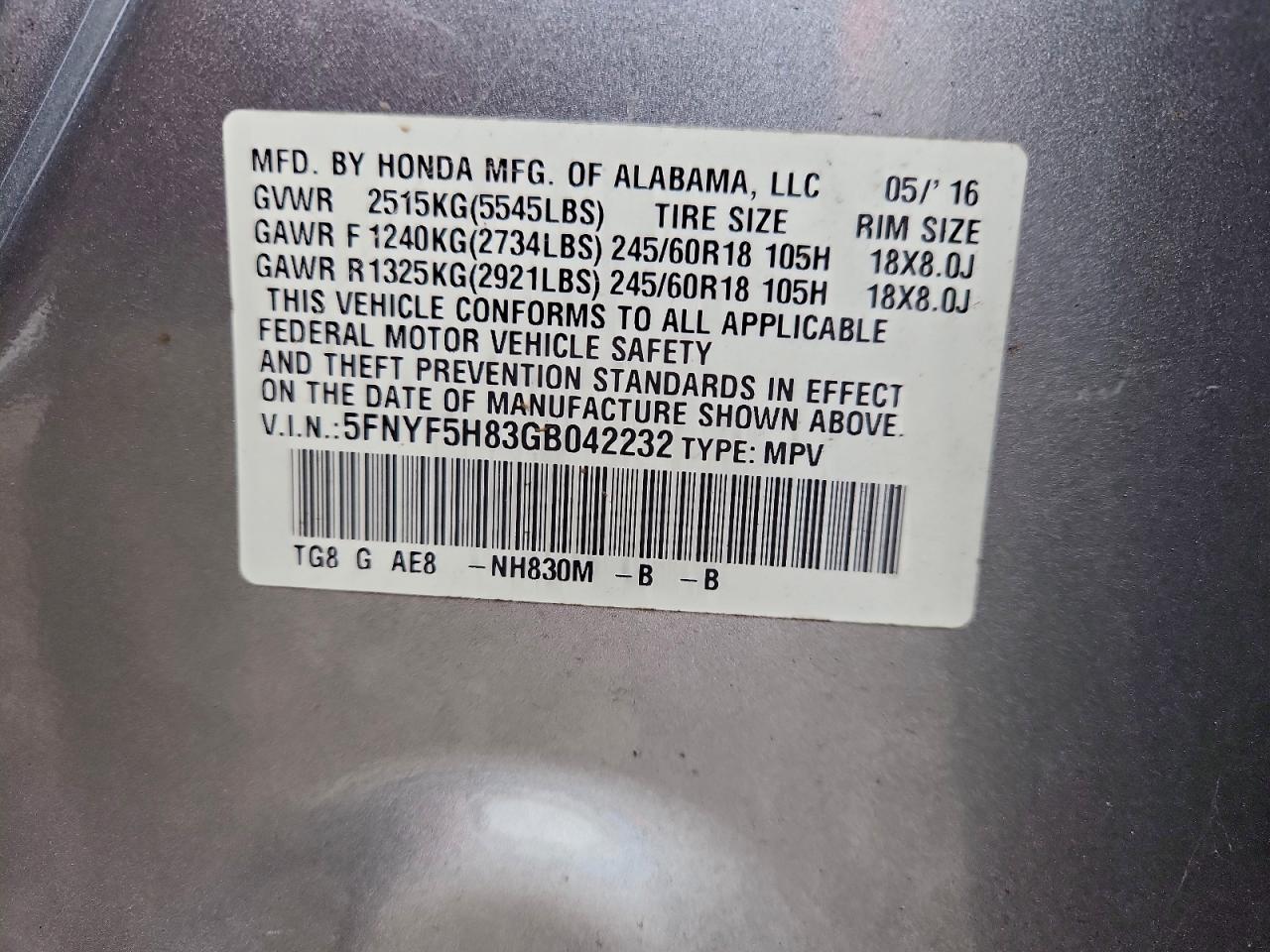 2016 Honda Pilot Exl VIN: 5FNYF5H83GB042232 Lot: 93724365