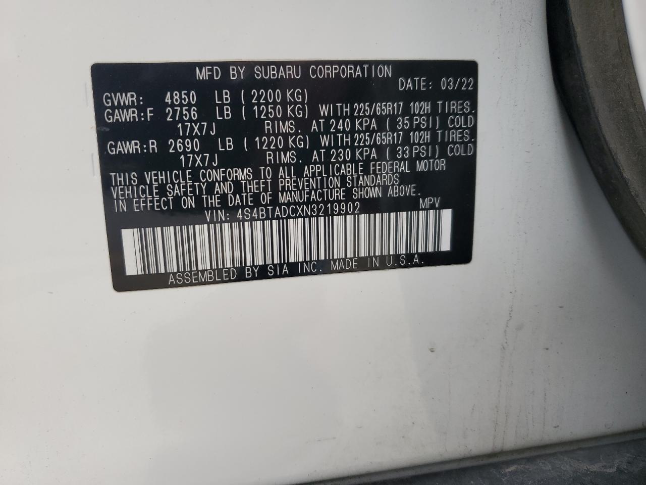 2022 Subaru Outback Premium VIN: 4S4BTADCXN3219902 Lot: 89735865