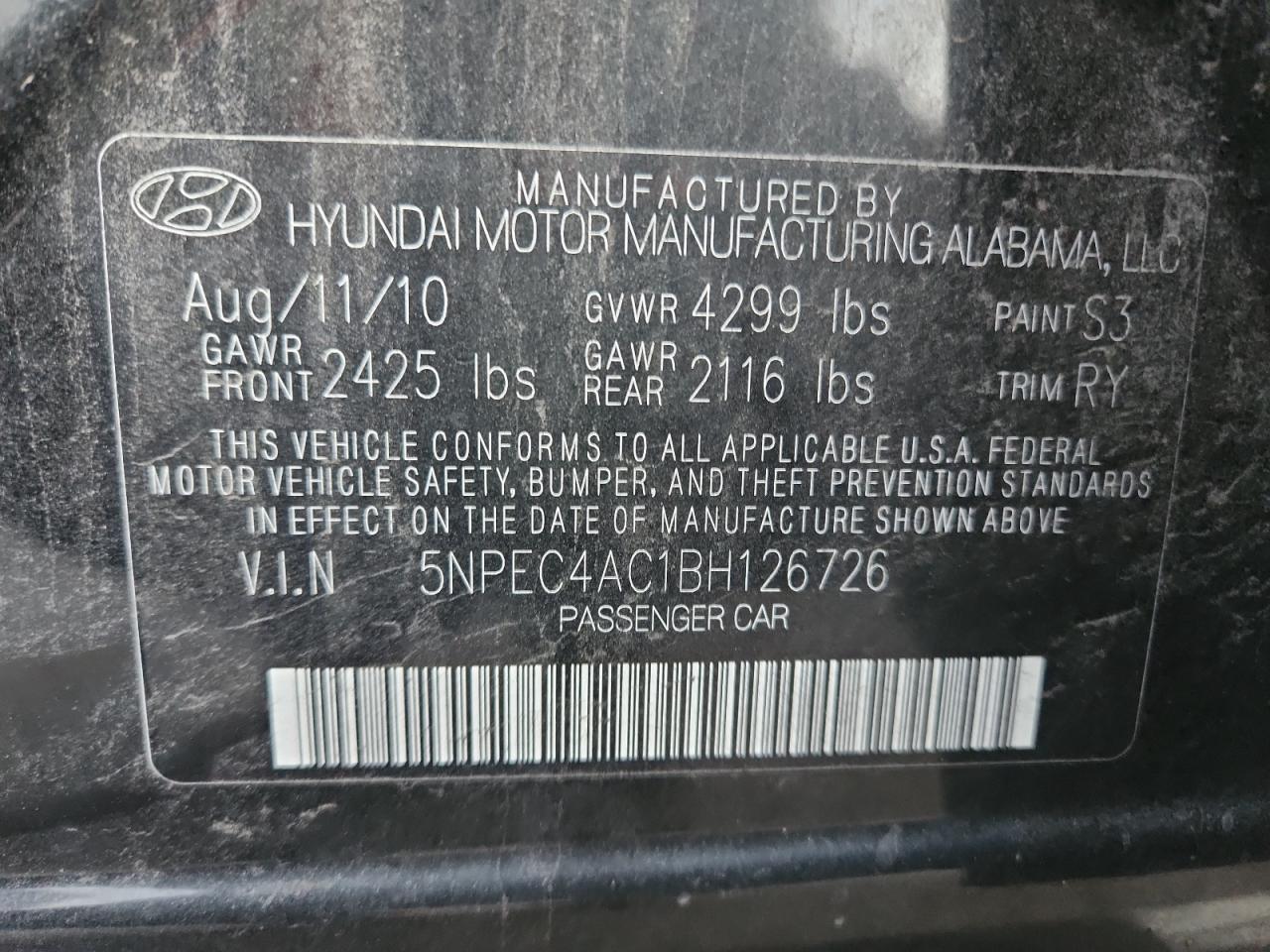 2011 Hyundai Sonata Se VIN: 5NPEC4AC1BH126726 Lot: 92953745