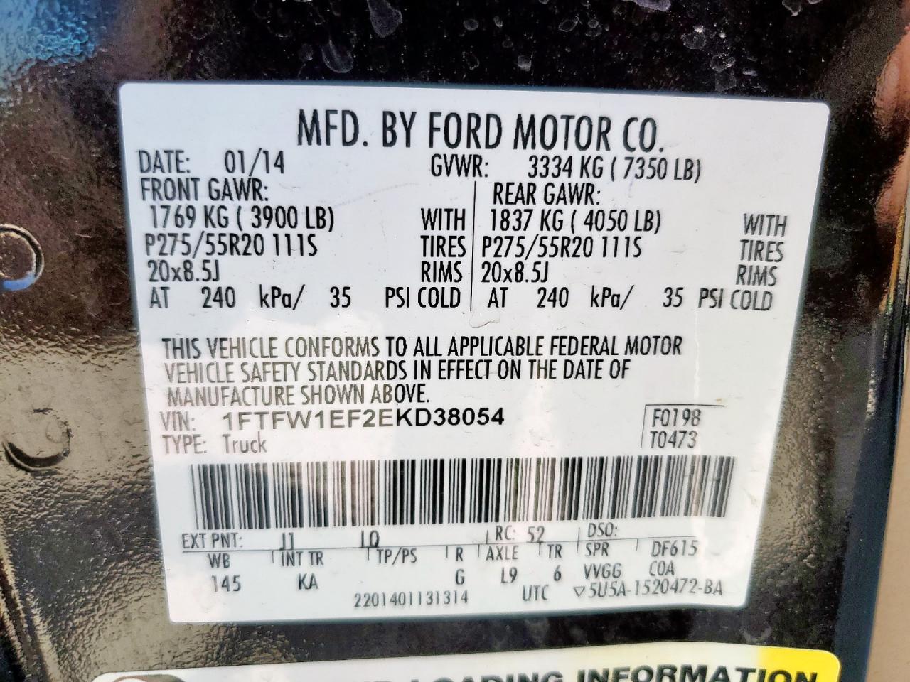 2014 Ford F150 Supercrew VIN: 1FTFW1EF2EKD38054 Lot: 91189285