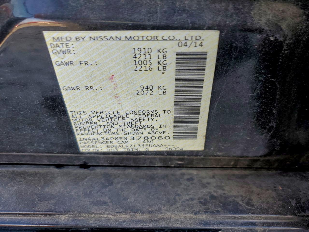 2014 Nissan Altima 2.5 VIN: 1N4AL3AP8EN378060 Lot: 94476825