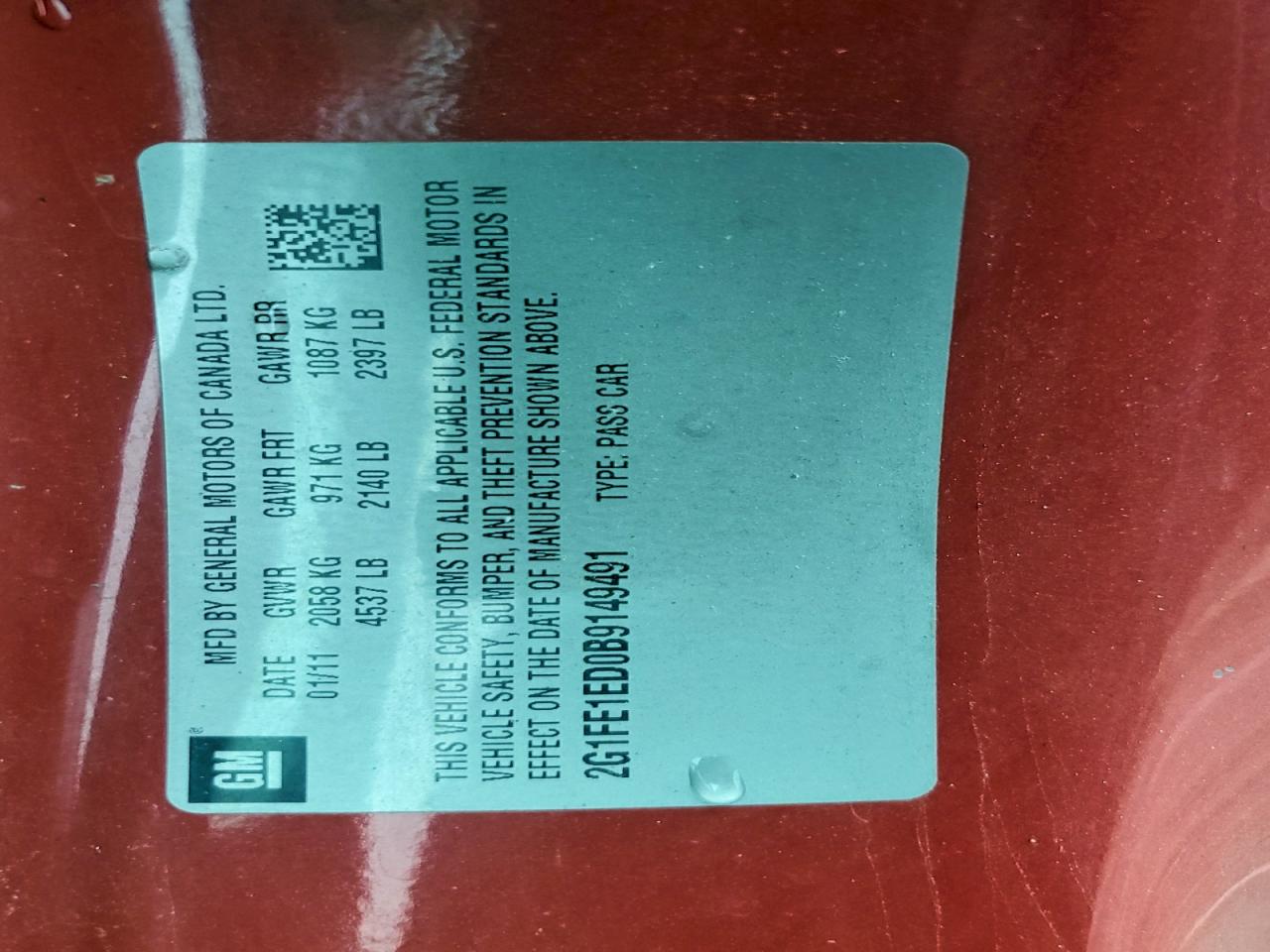 2011 Chevrolet Camaro Ls VIN: 2G1FE1ED0B9149491 Lot: 94574435