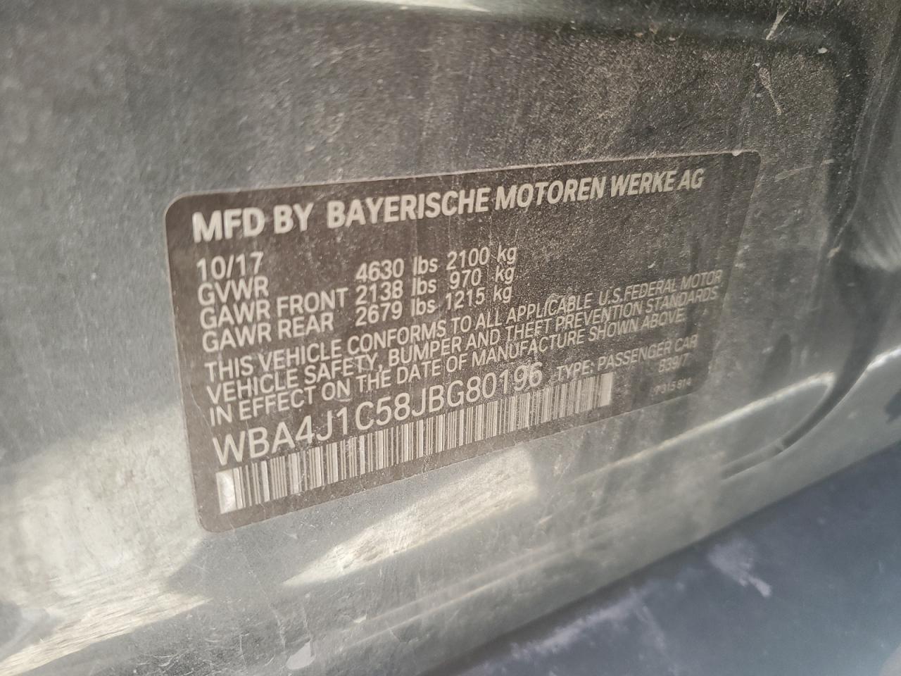 2018 BMW 430I Gran Coupe VIN: WBA4J1C58JBG80196 Lot: 93081885