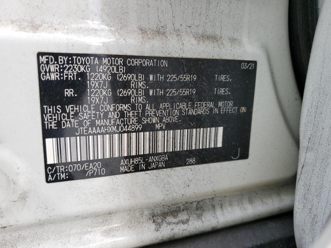 2021 Toyota Venza Le VIN: JTEAAAAHXMJ044899 Lot: 90526645