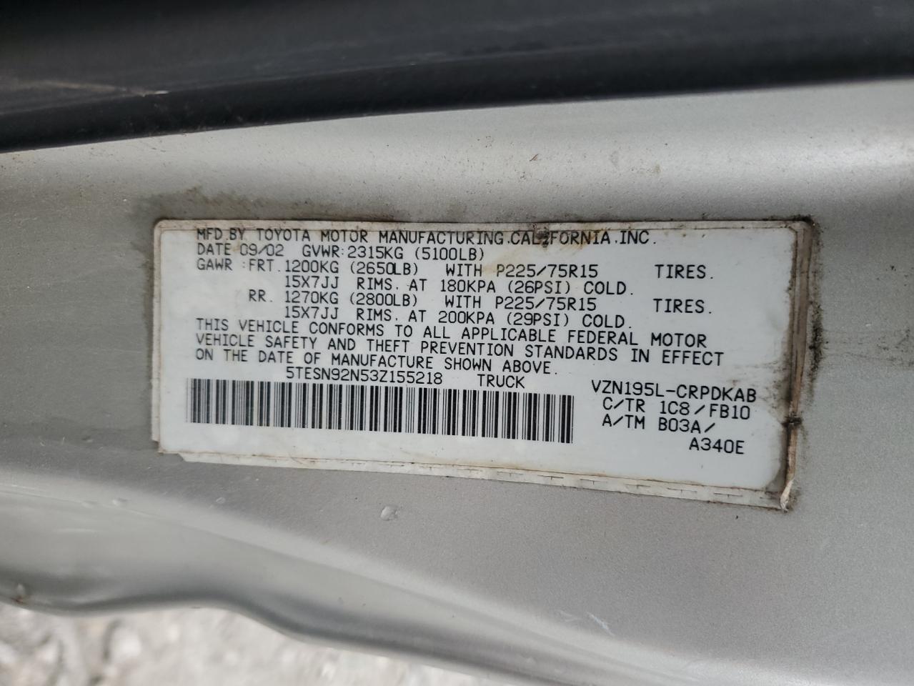 2003 Toyota Tacoma Xtracab Prerunner VIN: 5TESN92N53Z155218 Lot: 93560105