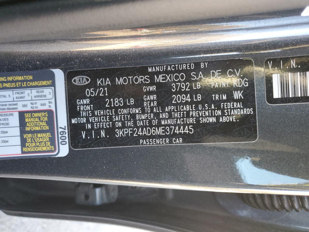 2021 Kia Forte Fe VIN: 3KPF24AD6ME374445 Lot: 90936045