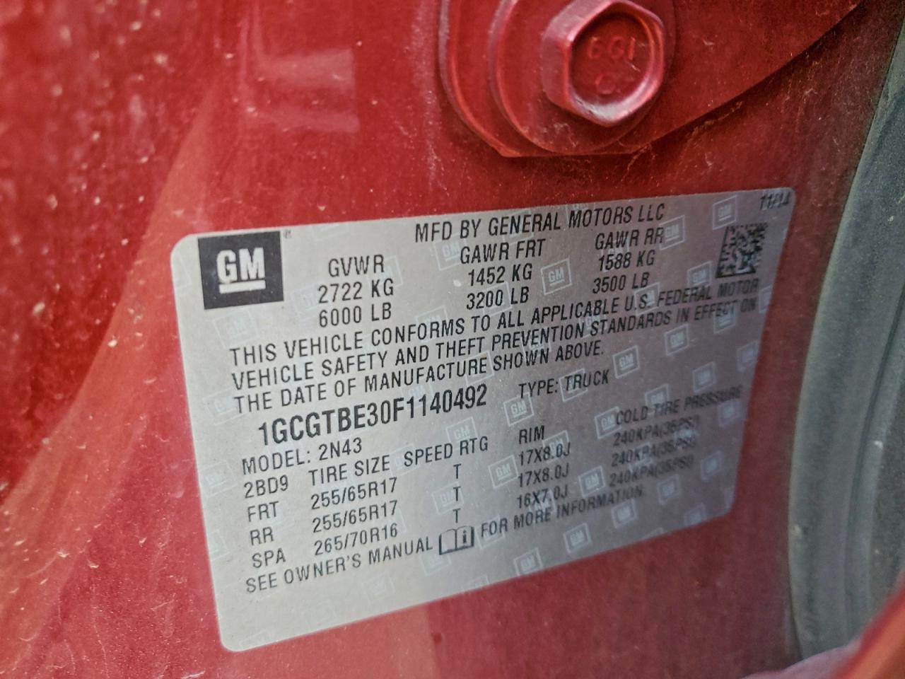 2015 Chevrolet Colorado Lt VIN: 1GCGTBE30F1140492 Lot: 93039035