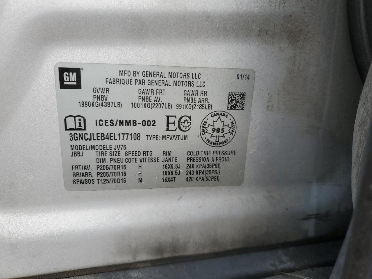 2014 Chevrolet Trax 1Lt VIN: 3GNCJLEB4EL177108 Lot: 91589245