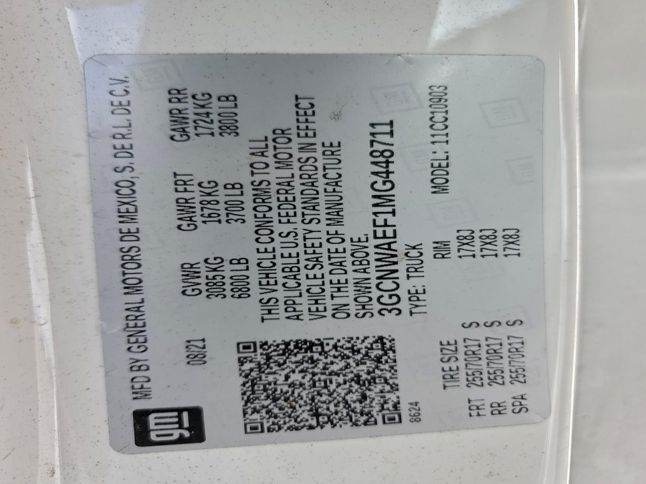 2021 Chevrolet Silverado C1500 VIN: 3GCNWAEF1MG448711 Lot: 92993915