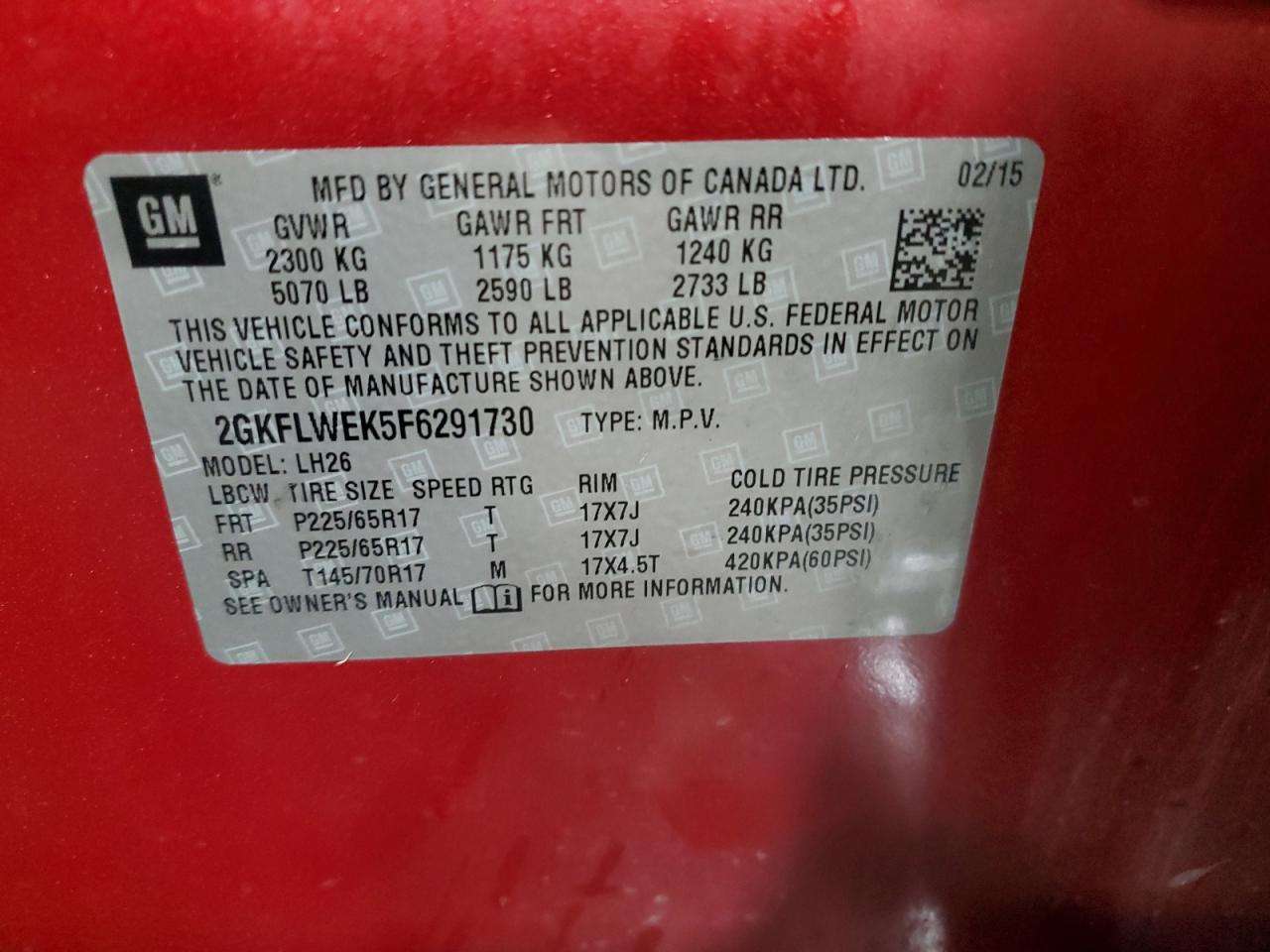 2015 GMC Terrain Sle VIN: 2GKFLWEK5F6291730 Lot: 92175395