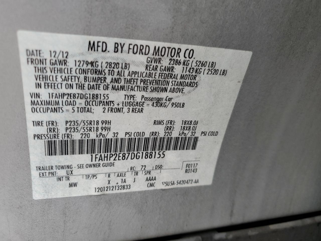 2013 Ford Taurus Sel VIN: 1FAHP2E87DG188155 Lot: 93086535