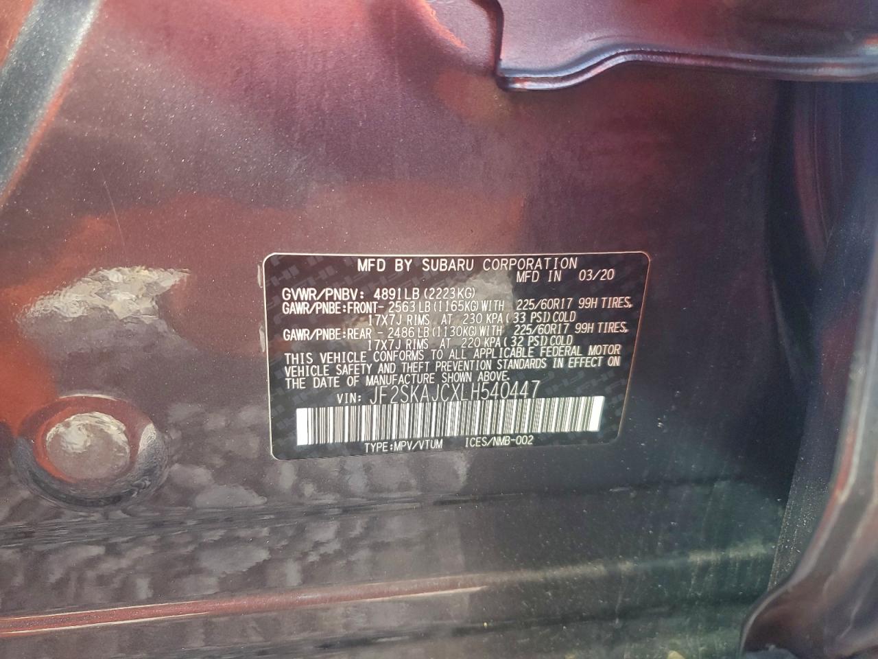 2020 Subaru Forester Premium VIN: JF2SKAJCXLH540447 Lot: 92595295