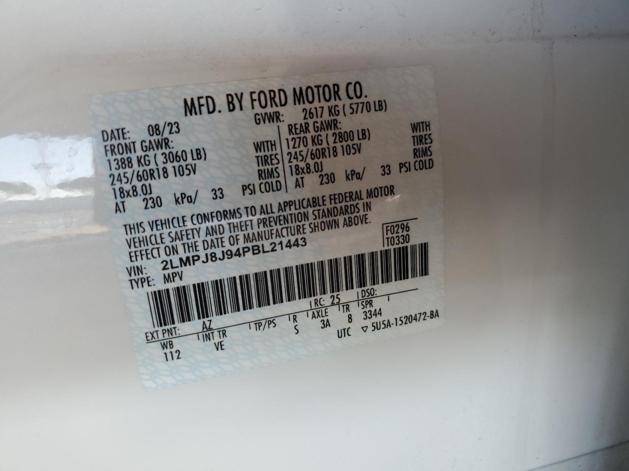 2023 Lincoln Nautilus VIN: 2LMPJ8J94PBL21443 Lot: 92891375