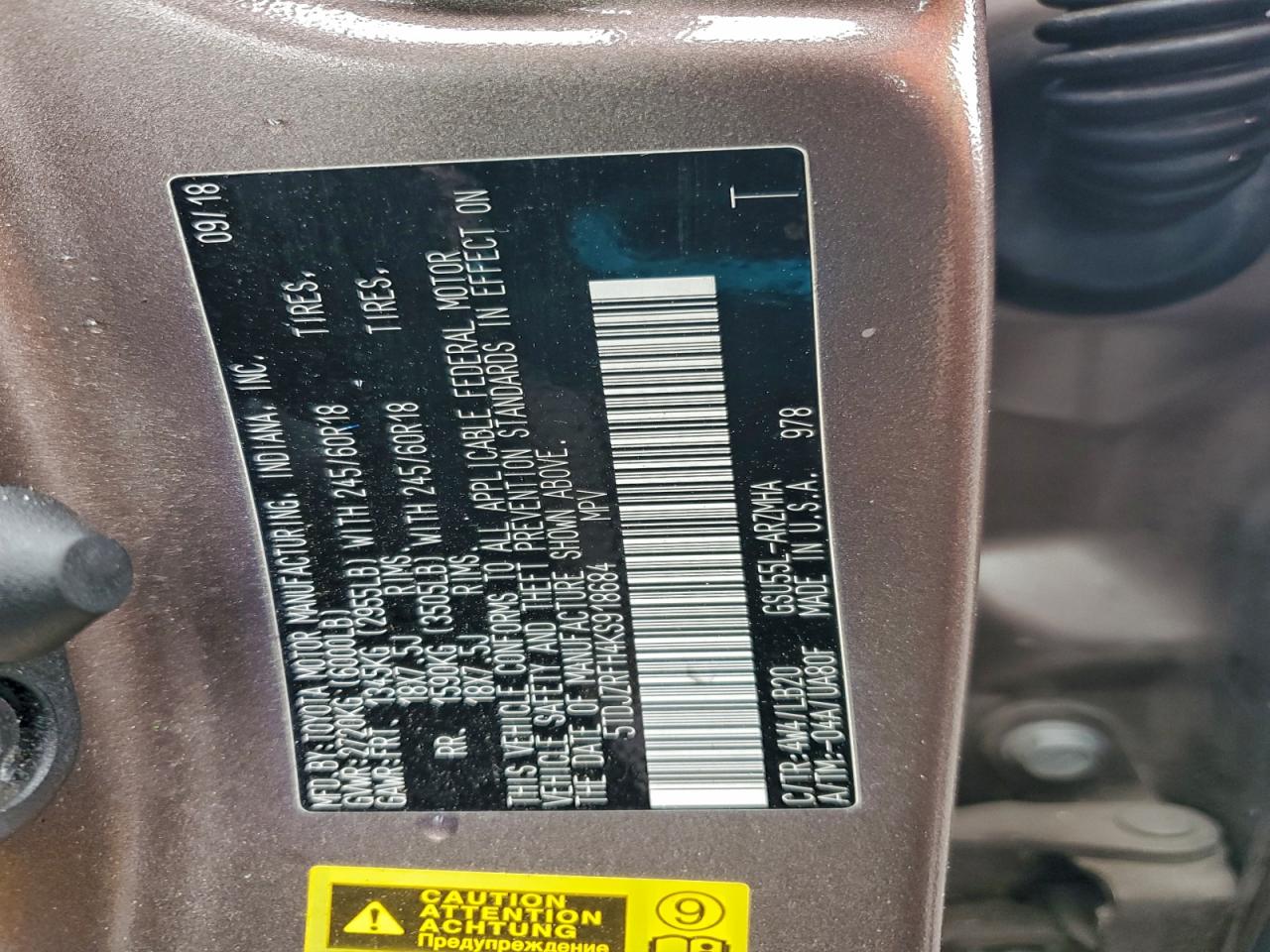 2019 Toyota Highlander Se VIN: 5TDJZRFH4KS918684 Lot: 93134915