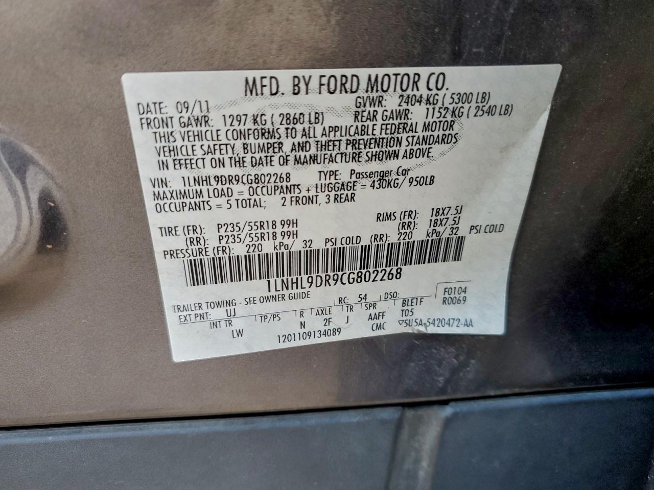 2012 Lincoln Mks VIN: 1LNHL9DR9CG802268 Lot: 93977585