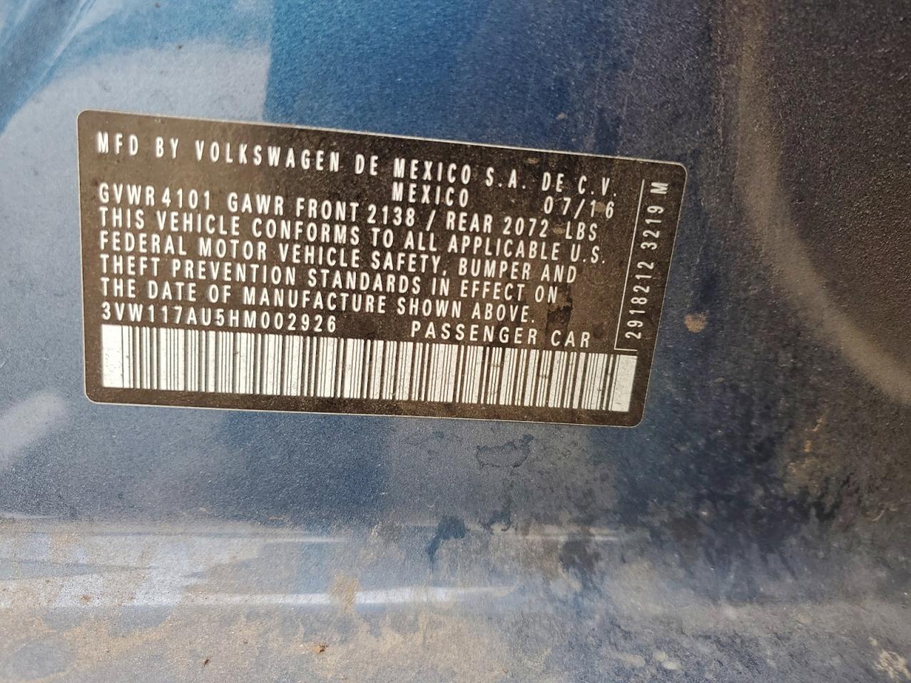 2017 Volkswagen Golf S VIN: 3VW117AU5HM002926 Lot: 94170995