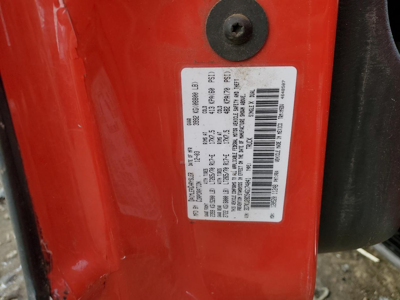 2004 Dodge Ram 2500 St VIN: 3D7KU28D54G174041 Lot: 92244525