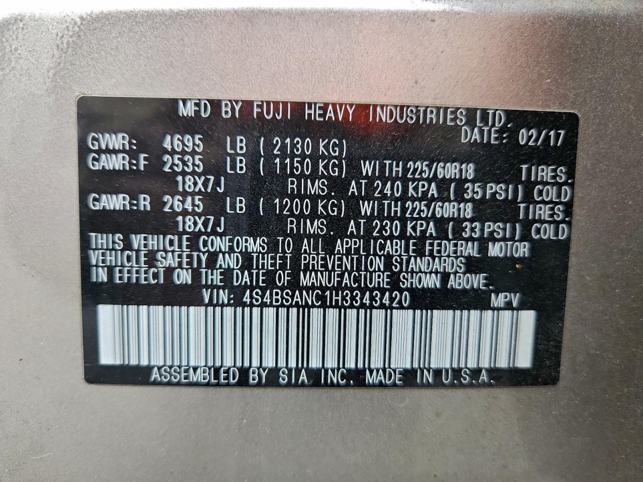 2017 Subaru Outback 2.5I Limited VIN: 4S4BSANC1H3343420 Lot: 94147675