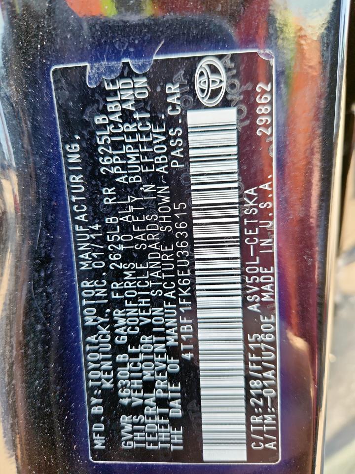 2014 Toyota Camry L VIN: 4T1BF1FK6EU363615 Lot: 92411705