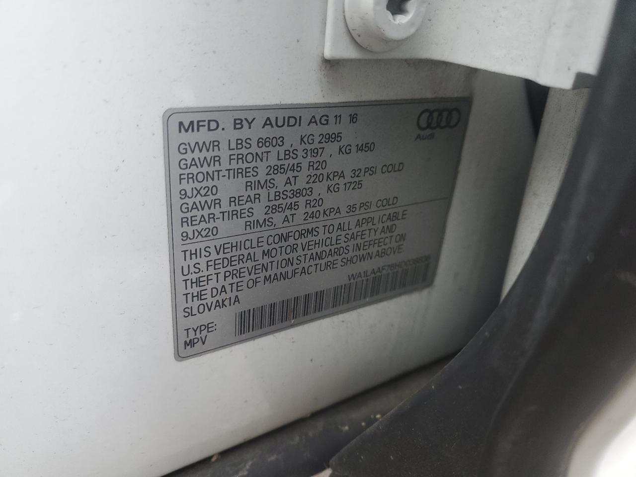 2017 Audi Q7 Premium Plus VIN: WA1LAAF76HD038836 Lot: 92363435