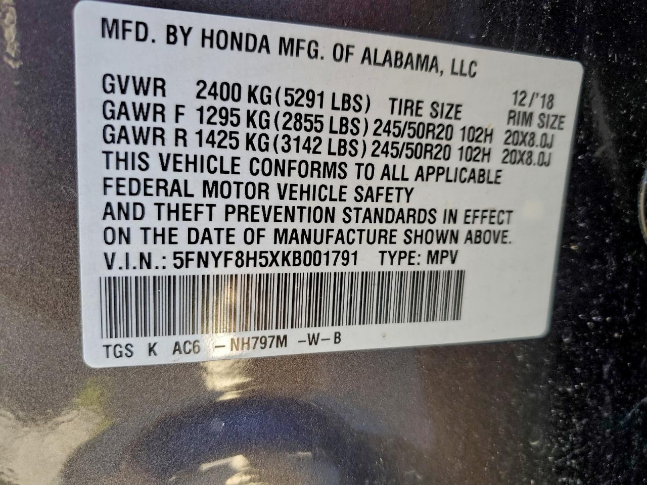 2019 Honda Passport Exl VIN: 5FNYF8H5XKB001791 Lot: 93325285