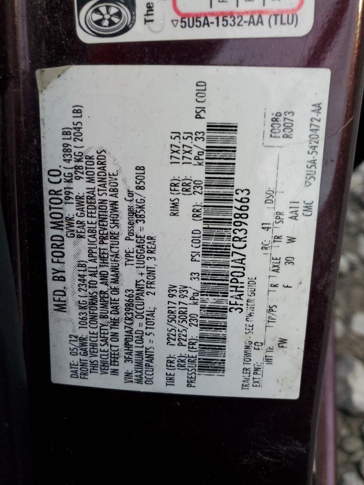 2012 Ford Fusion Sel VIN: 3FAHP0JA7CR398663 Lot: 93006635