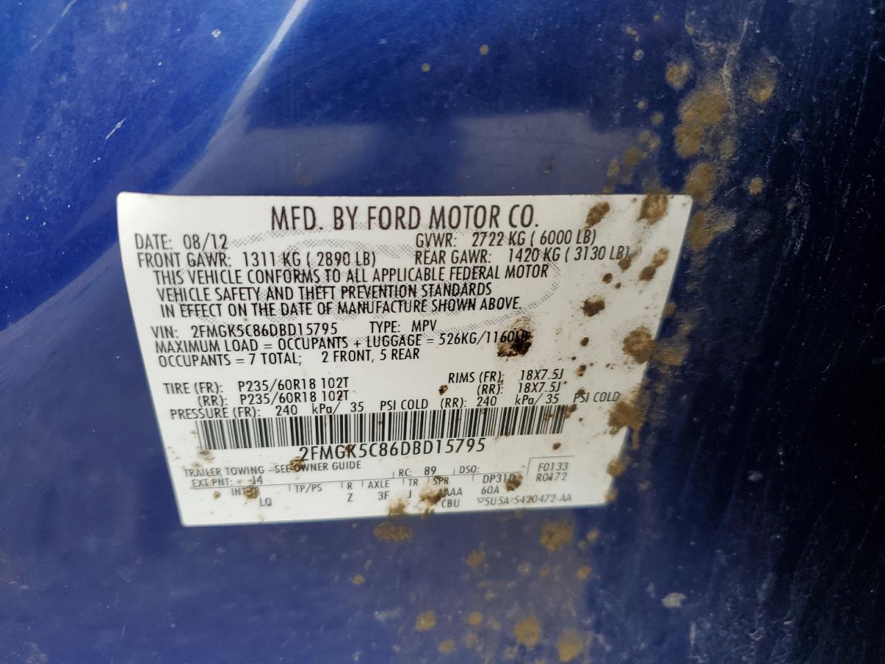 2013 Ford Flex Sel VIN: 2FMGK5C86DBD15795 Lot: 93018625