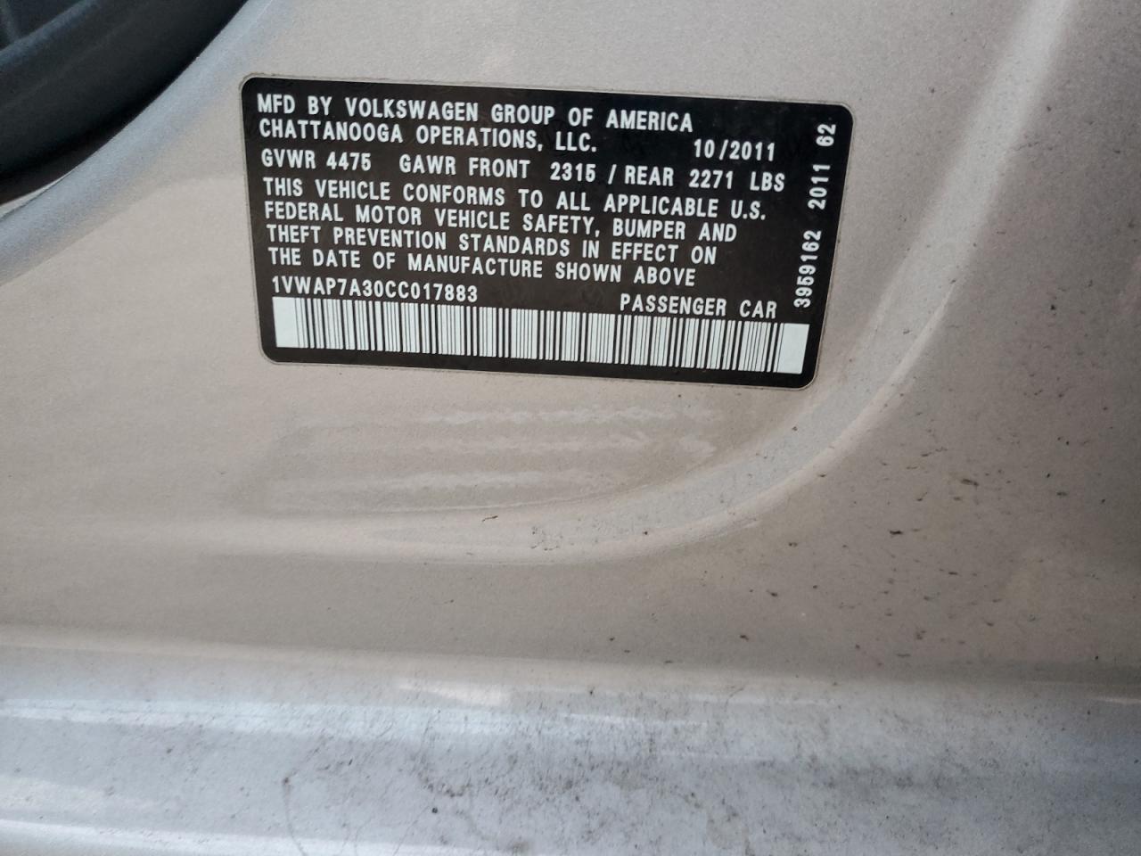 2012 Volkswagen Passat S VIN: 1VWAP7A30CC017883 Lot: 92393895