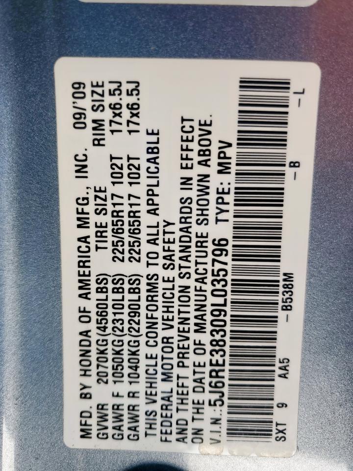 2009 Honda Cr-V Lx VIN: 5J6RE38309L035796 Lot: 92192685