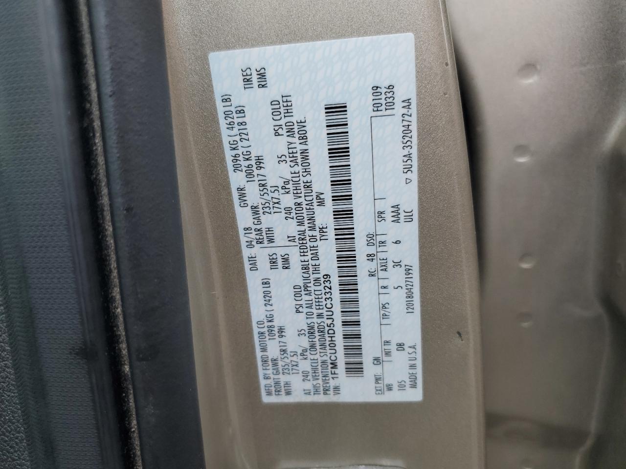 2018 Ford Escape Sel VIN: 1FMCU0HD5JUC33239 Lot: 92612845