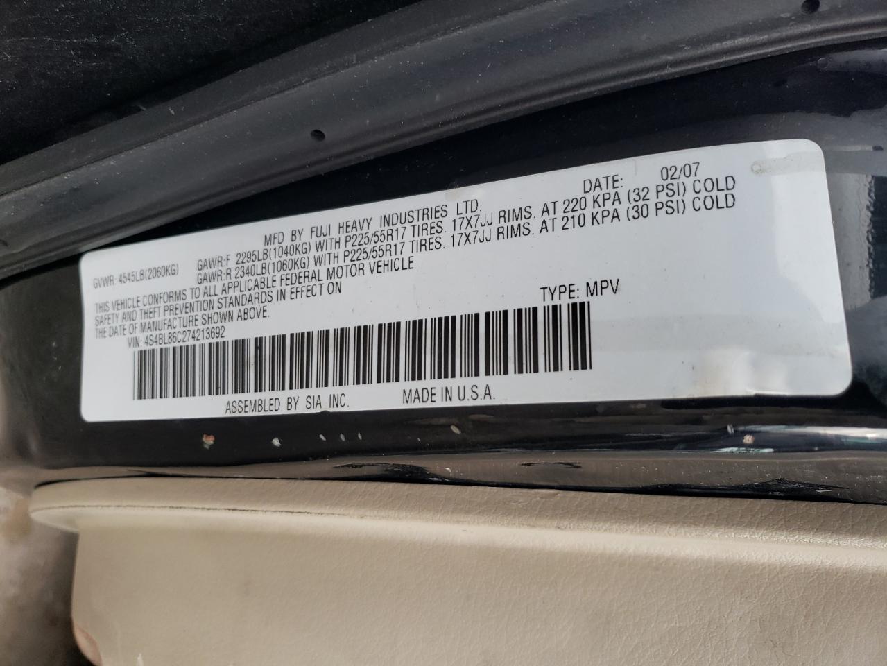 2007 Subaru Legacy Outback 3.0R Ll Bean VIN: 4S4BL86C274213692 Lot: 93179325