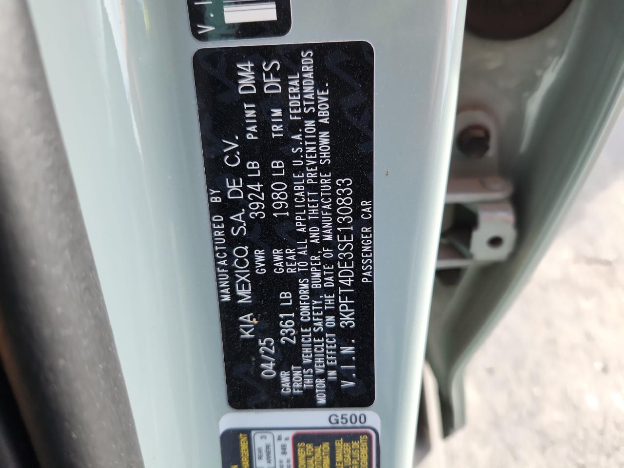 2025 Kia K4 Lx VIN: 3KPFT4DE3SE130833 Lot: 92724985