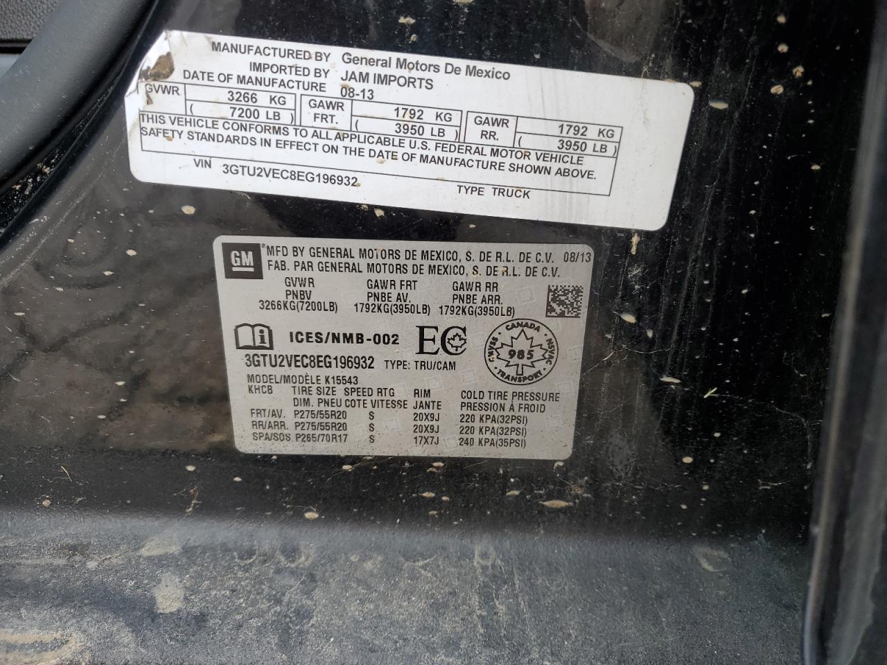 2014 GMC Sierra K1500 Slt VIN: 3GTU2VEC8EG196932 Lot: 92444235