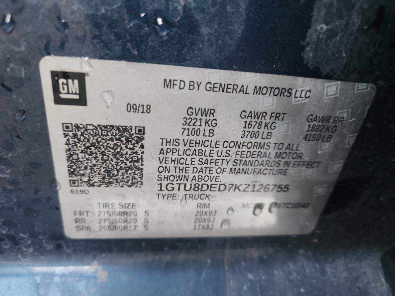 2019 GMC Sierra C1500 Slt VIN: 1GTU8DED7KZ126755 Lot: 91039095