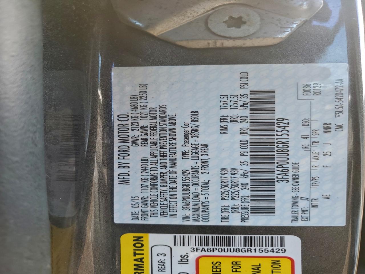 2016 Ford Fusion S Hybrid VIN: 3FA6P0UU8GR155429 Lot: 93466415