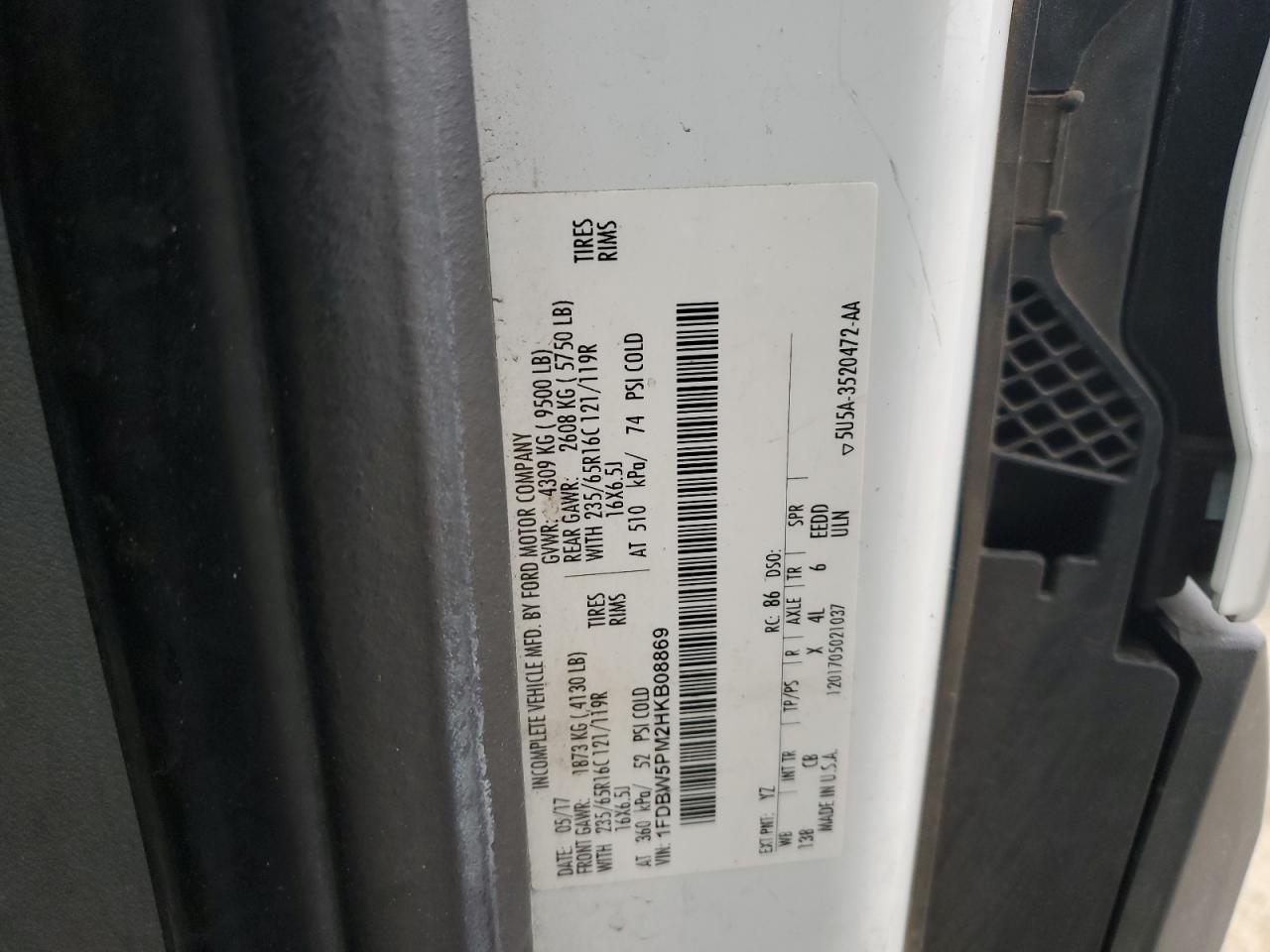 2017 Ford Transit T-350 VIN: 1FDBW5PM2HKB08869 Lot: 92073045