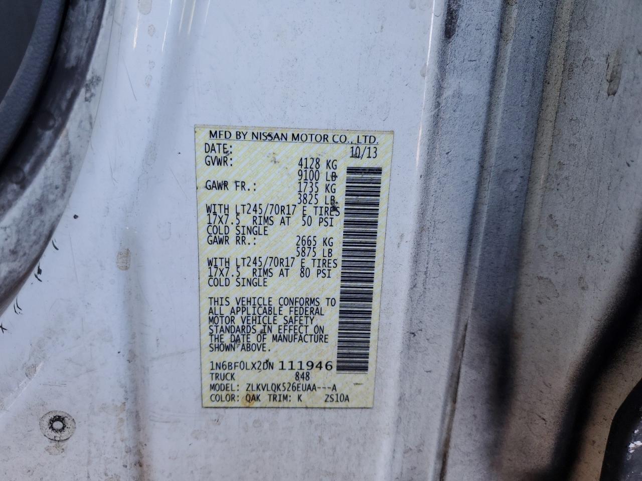 2013 Nissan Nv 2500 Delivery Van VIN: 1N6BF0LX2DN111946 Lot: 90609805