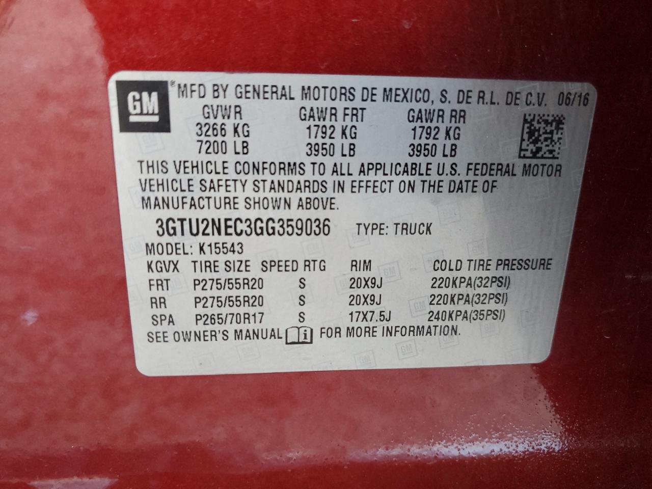 2016 GMC Sierra K1500 Slt VIN: 3GTU2NEC3GG359036 Lot: 92903315