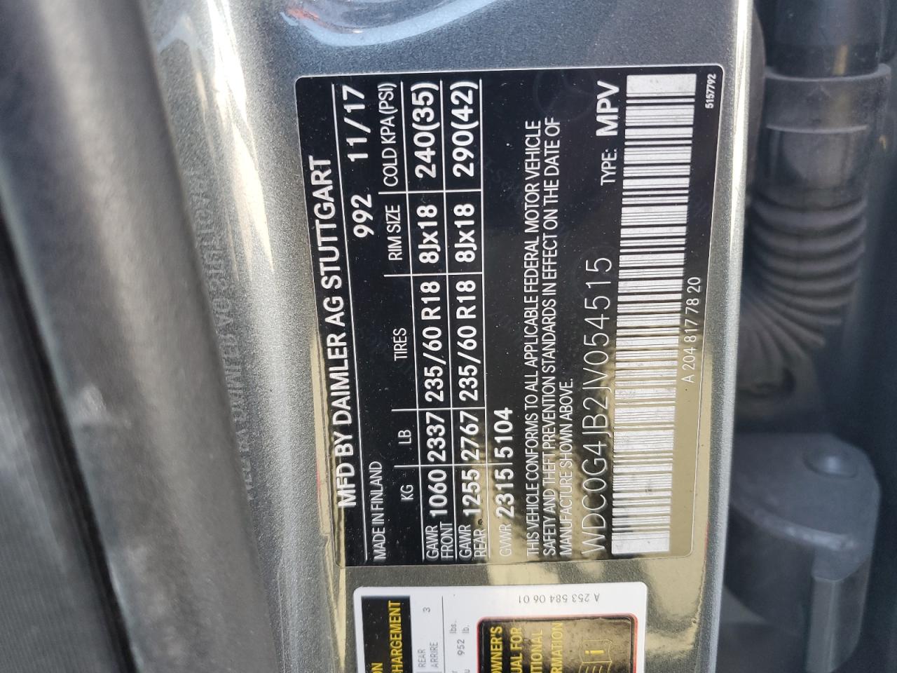 2018 Mercedes-Benz Glc 300 VIN: WDC0G4JB2JV054515 Lot: 92943265