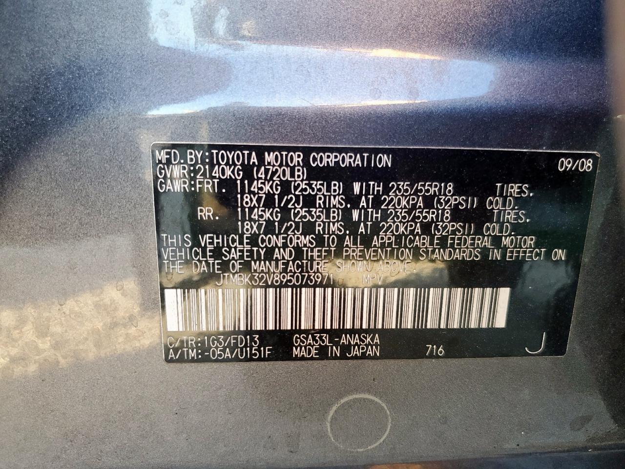 2009 Toyota Rav4 Sport VIN: JTMBK32V895073971 Lot: 91282075