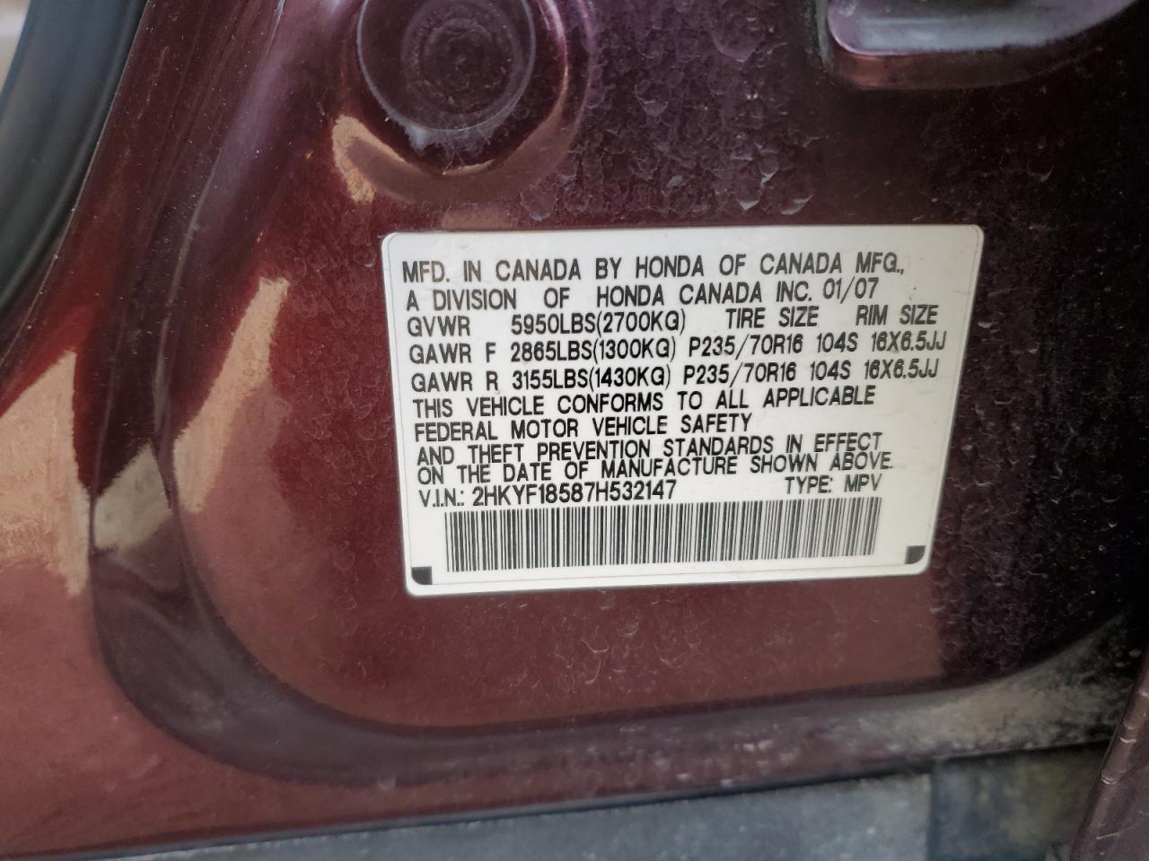 2007 Honda Pilot Exl VIN: 2HKYF18587H532147 Lot: 93492705