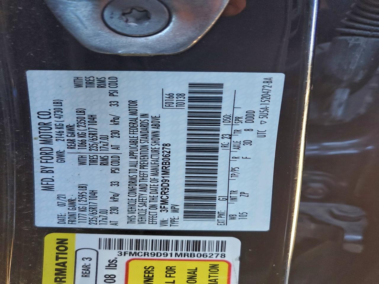 2021 Ford Bronco Sport Badlands VIN: 3FMCR9D91MRB06278 Lot: 94725525