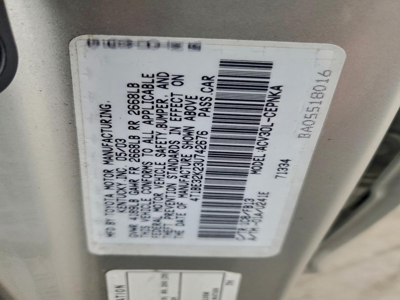 2003 Toyota Camry Le VIN: 4T1BE32K23U742676 Lot: 94325655