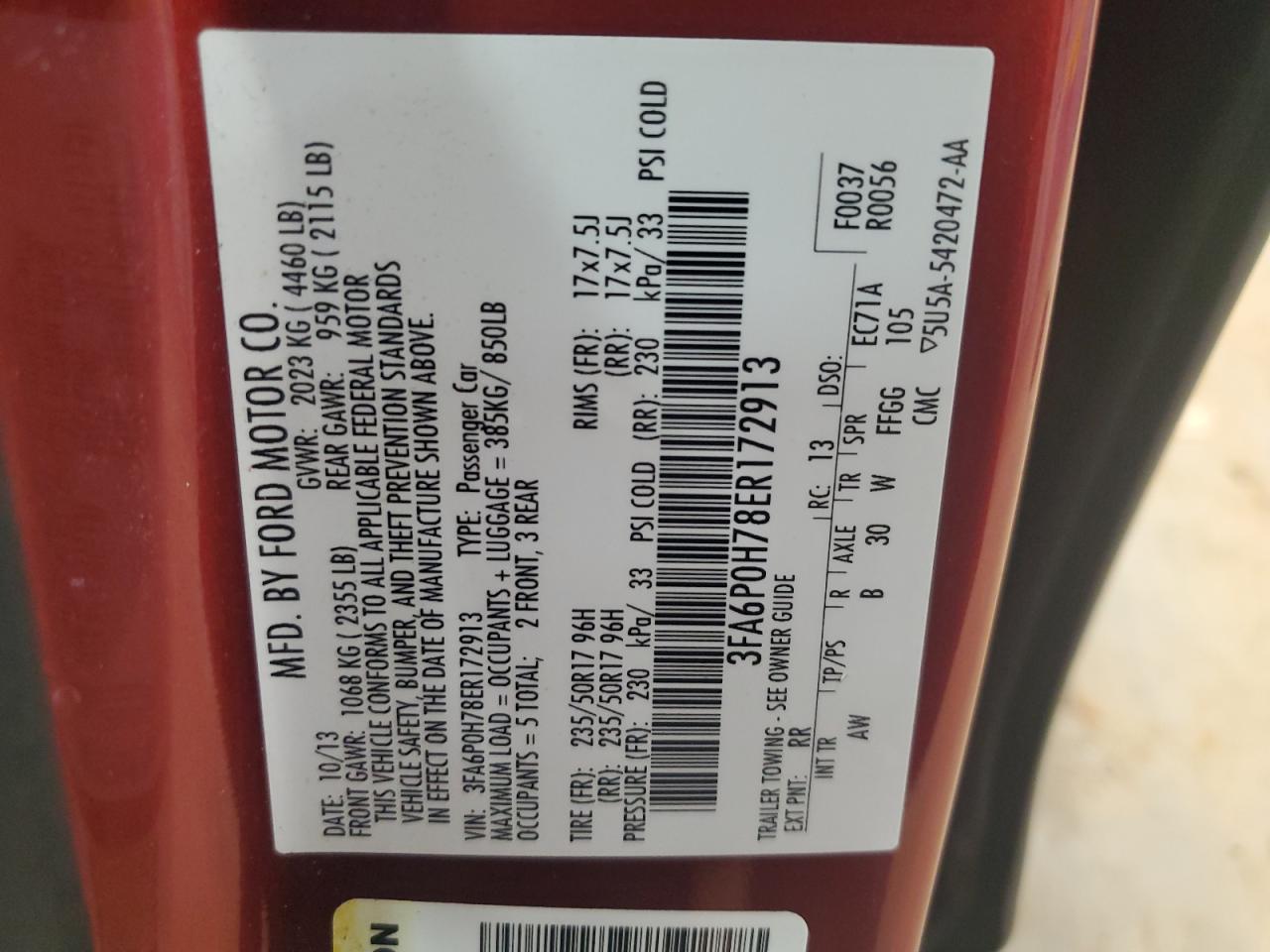 2014 Ford Fusion Se VIN: 3FA6P0H78ER172913 Lot: 91527405