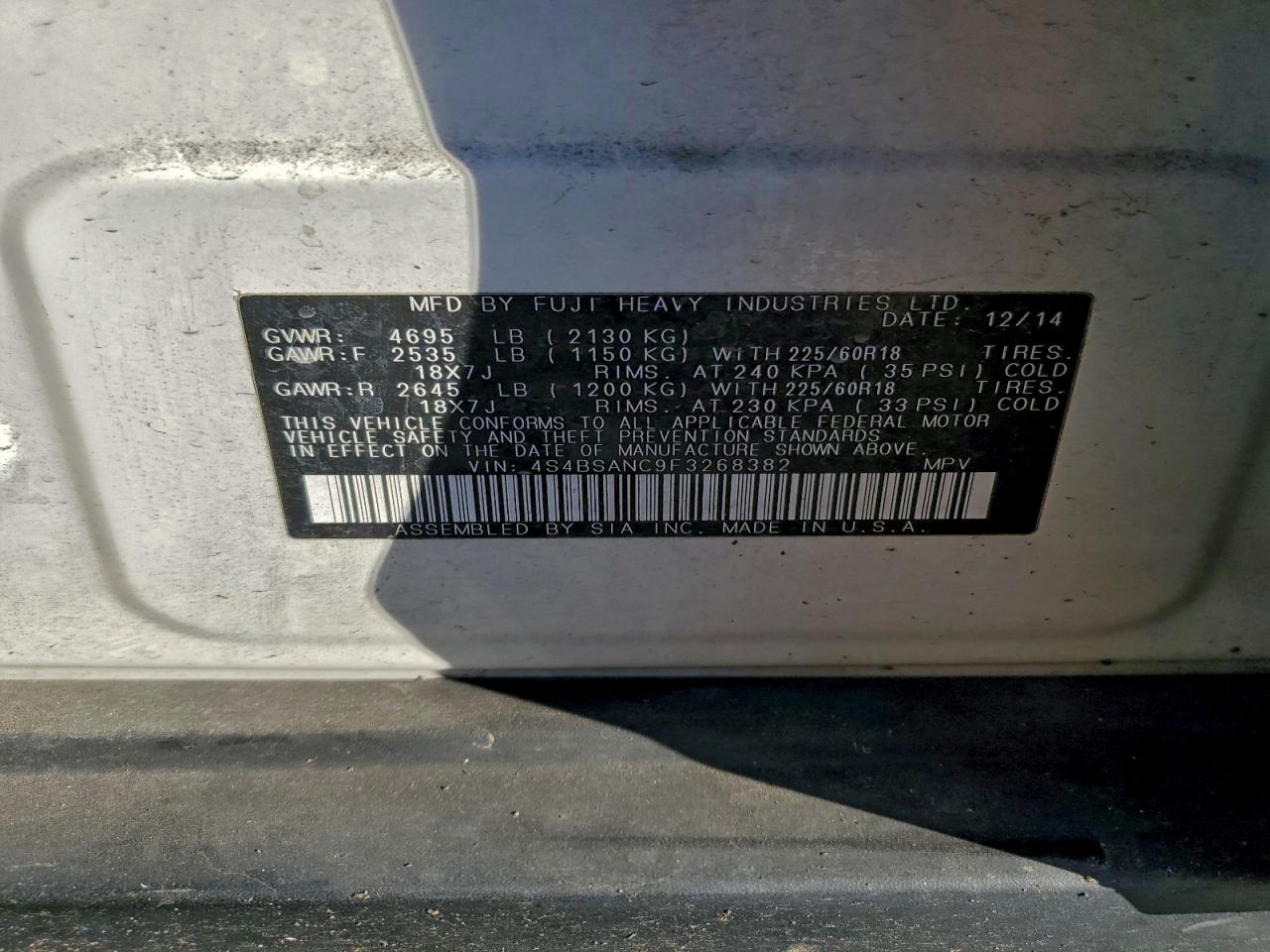 2015 Subaru Outback 2.5I Limited VIN: 4S4BSANC9F3268382 Lot: 92435735